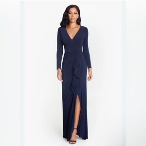 Betsy & Adam Elle Women 8 Long Sleeve Maxi Dress Gown Navy Blue Side Slit Ruffle